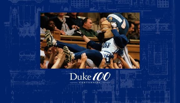 Duke 100 Blue Devil mascot in the crowd
