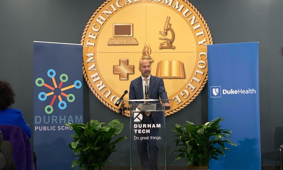 Craig Albanese at the conference announcing the partnership for a local Early College High School promoting careers in health care