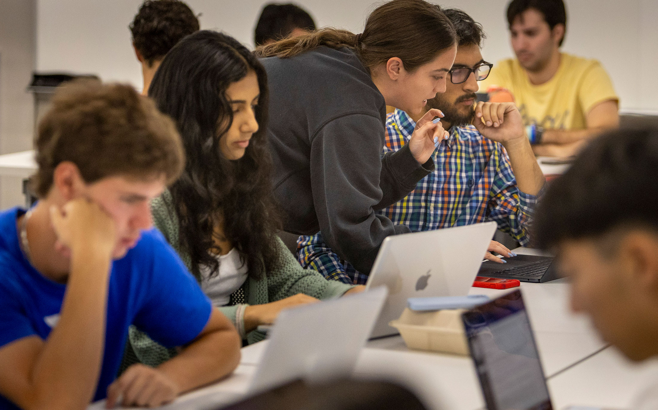 Marie Neubrander, a Ph.D. student, helps first-year Noah Awan during Statistics 199 lab in The Link Classroom 3.