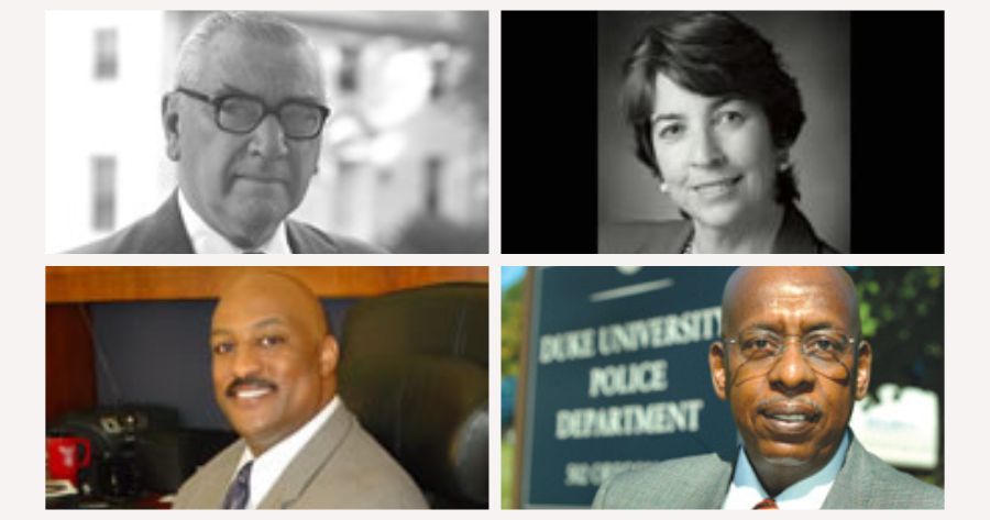 A collage of Duke University's first four police chiefs includes Paul Dumas, Alana Ennis, Bob Dean and Clarence Birkhead.