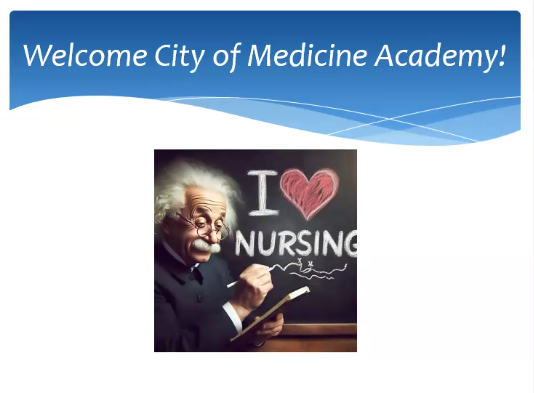 A slide from a PowerPoint presentations shows Albert Einstein next to a chalkboard where he has written "I heart nursing."