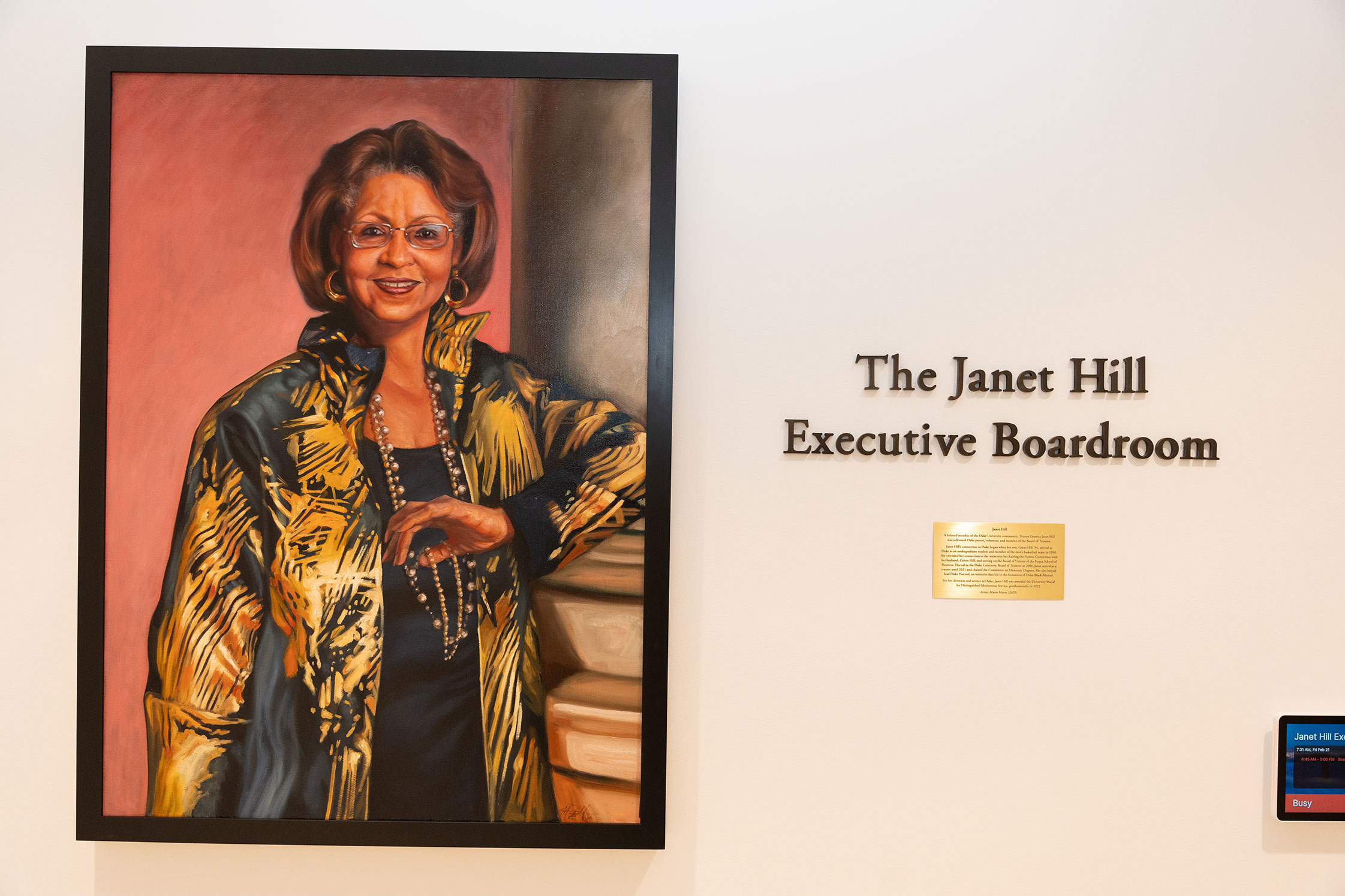 The portrait of Janet Hill painted by Mario Moore, which now hangs at the entrance to the boardroom.