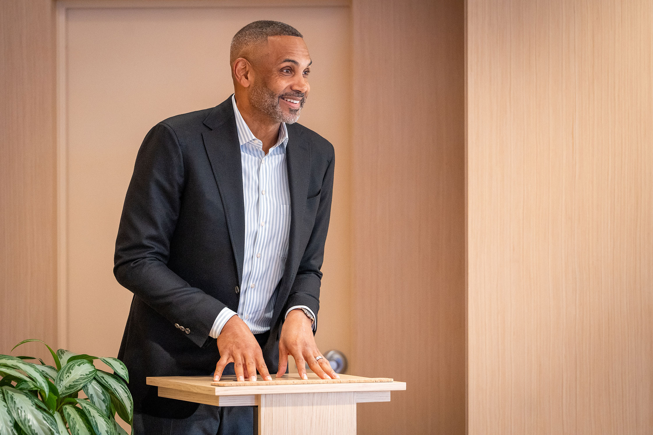 Grant Hill shares memories of his mother during the dedication ceremony.