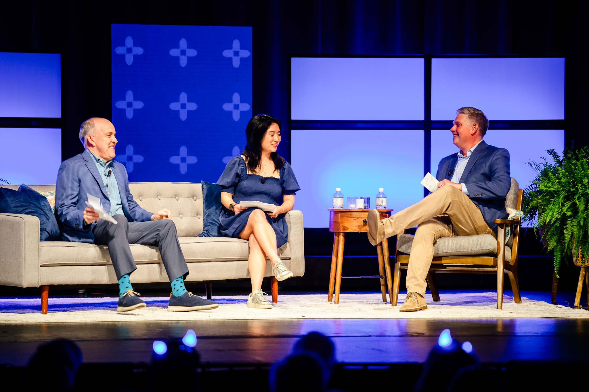 John Tolsma (right), an alumnus from the class of 1995, interviews Dave Kennedy (left), vice president for alumni engagement and development, and Laura Heilenday (center), associate vice president and chief engagement officer, ahead of the presentation of reunion class gifts. Led by class co-chairs like Tolsma, Reunion attendees committed nearly $19 million to date in honor of their milestone reunion years. 