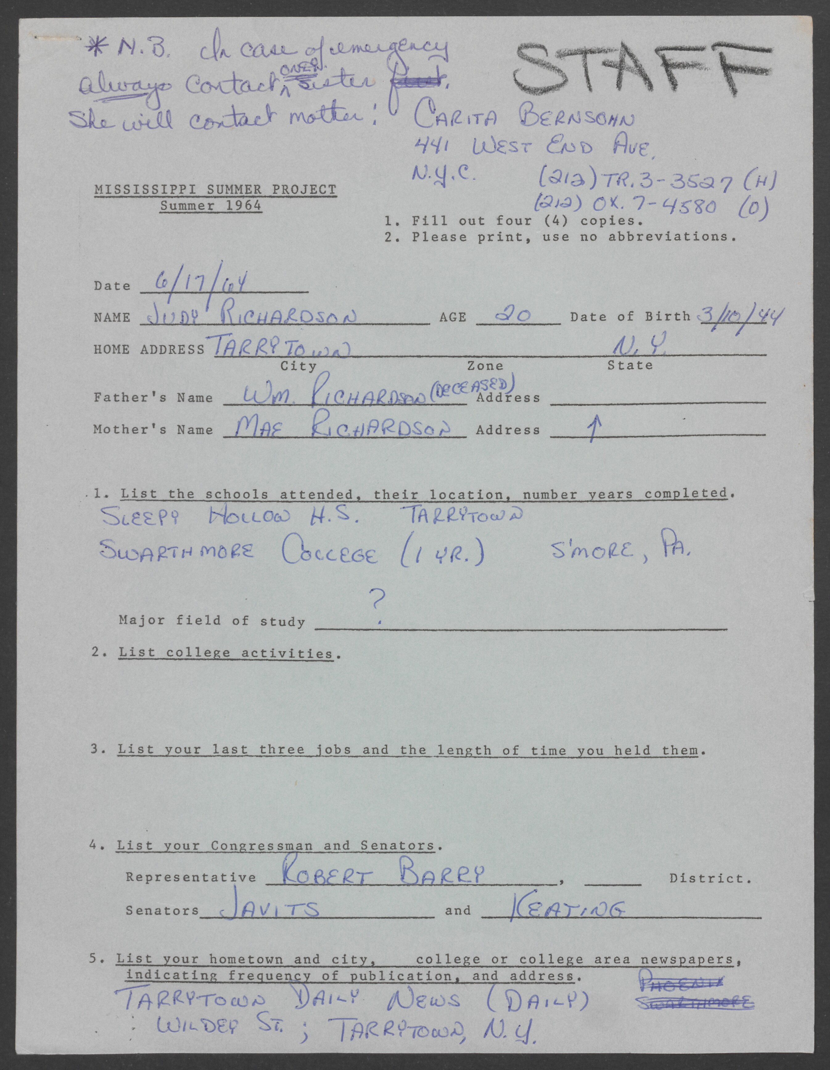 Judy Richardson application for Freedom Summer