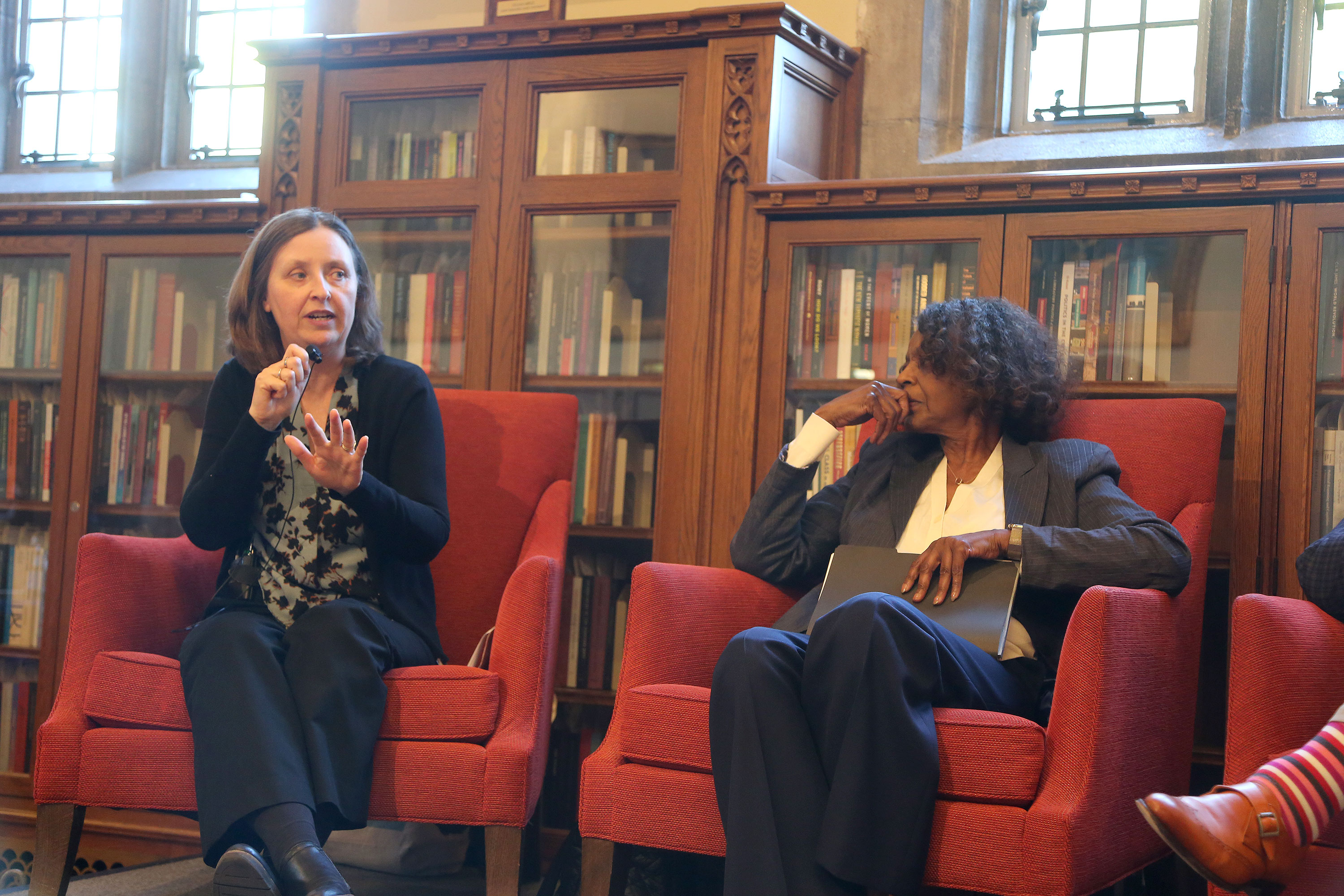Katherine Brading shares a story about her research while Thavolia Glymph listens.