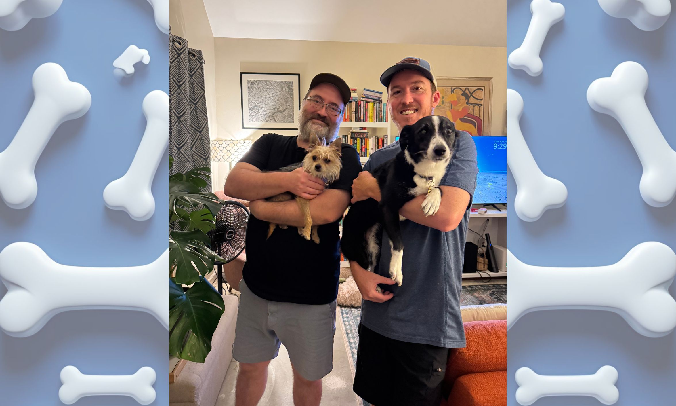 two men hold two dogs
