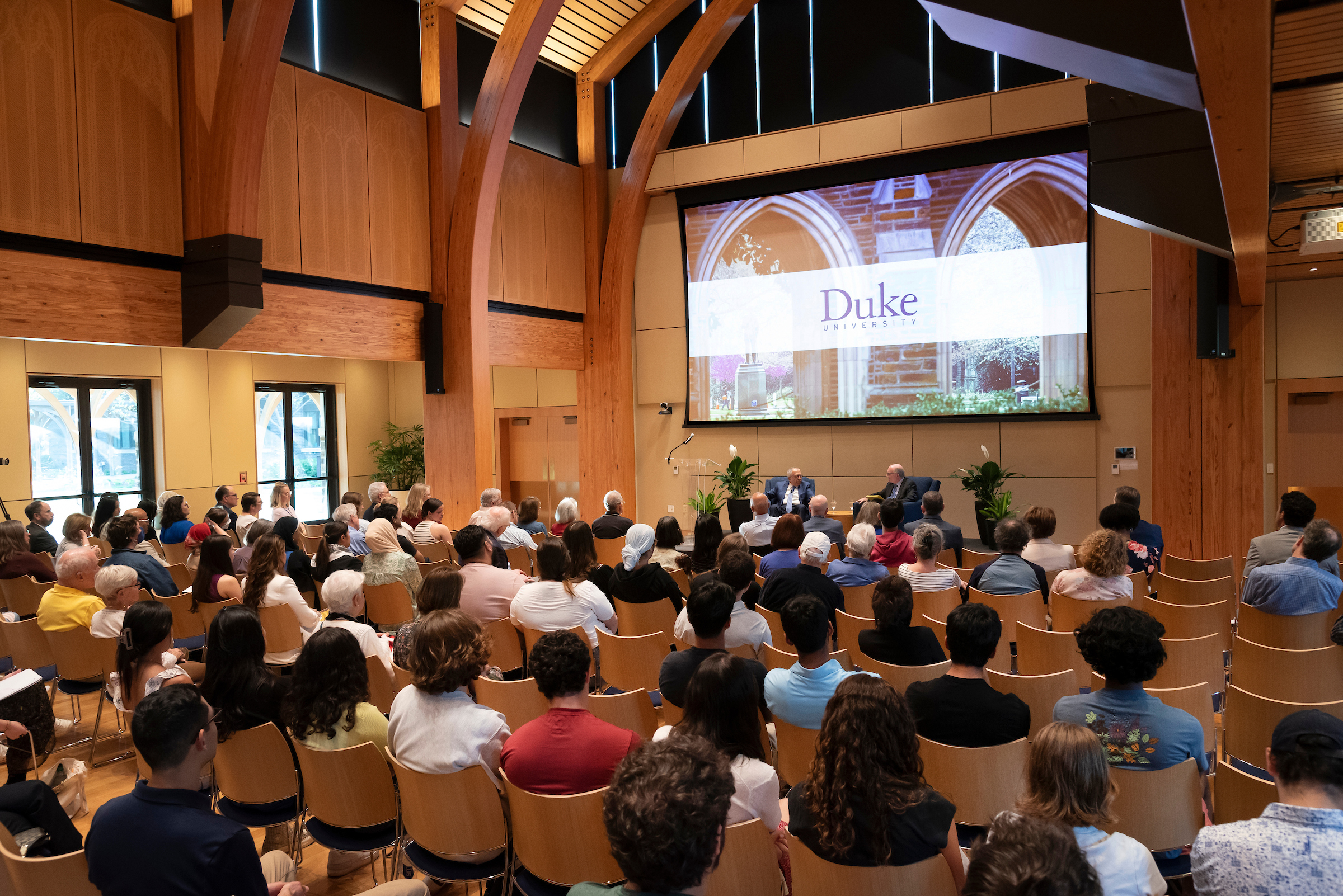 Bruce Jentleson interviews Salam Fayyad before an audience at the Karsh Center. Photo by Les Todd