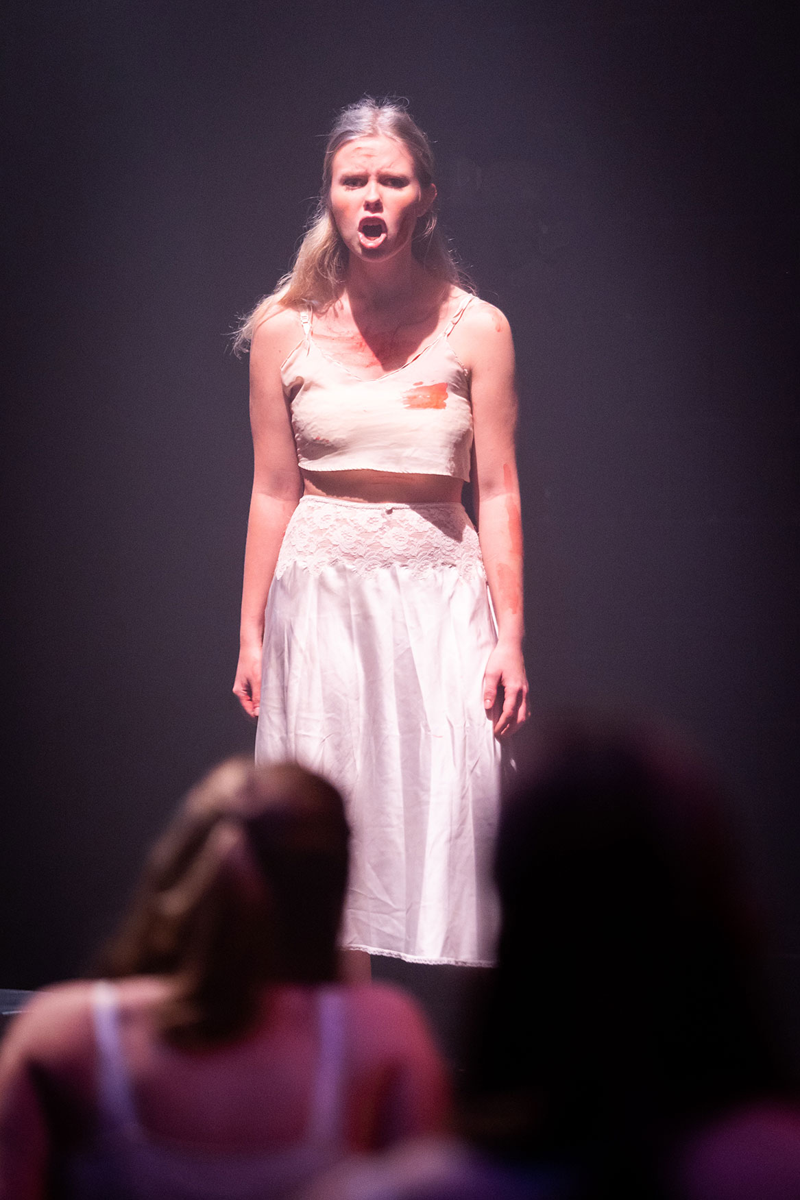 student actors during the rehearsal: A female actor is yelling at another character.
