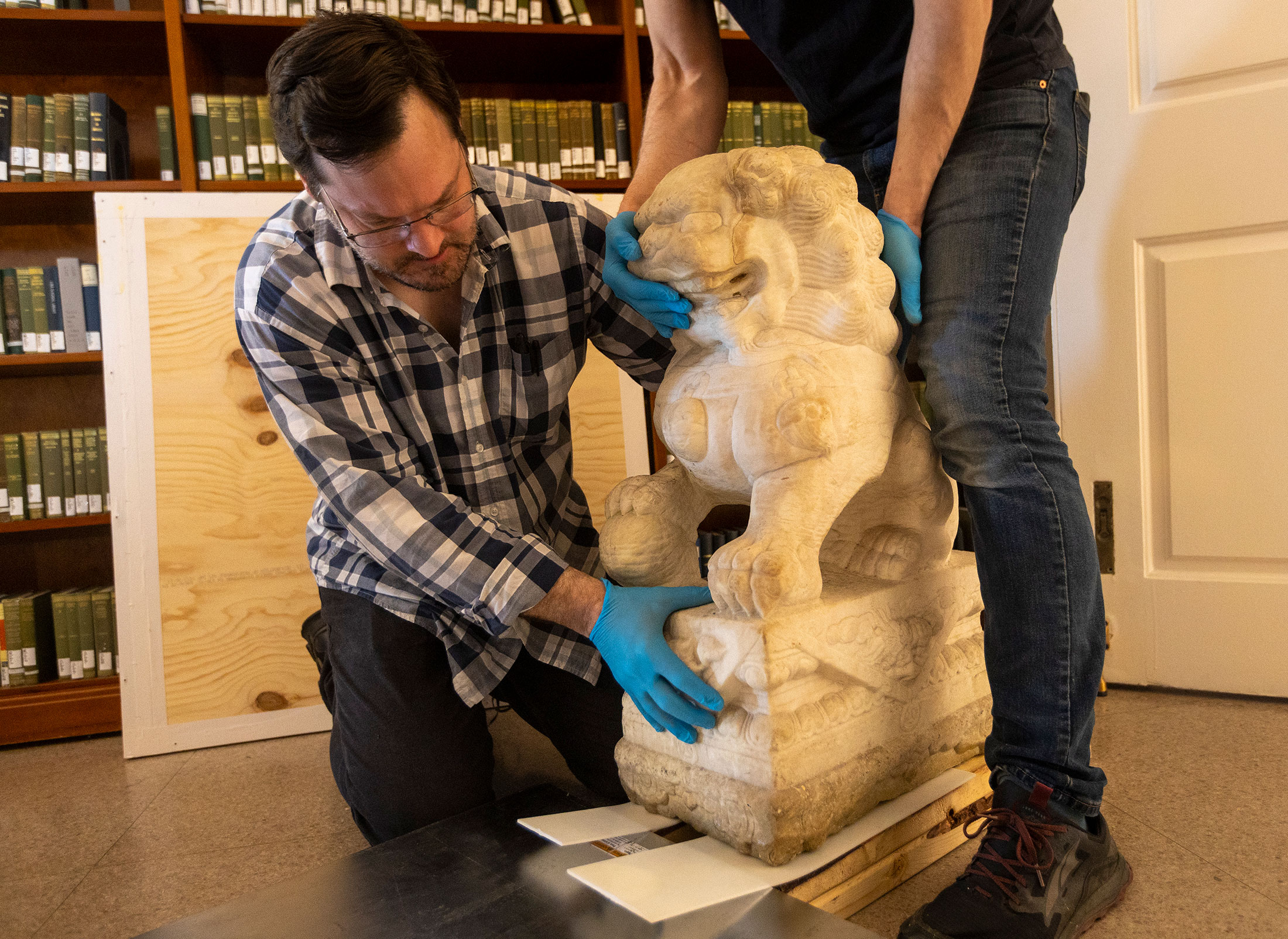 A marble, semi-mythical Chinese creature called shizi in the Thomas Reading Room.