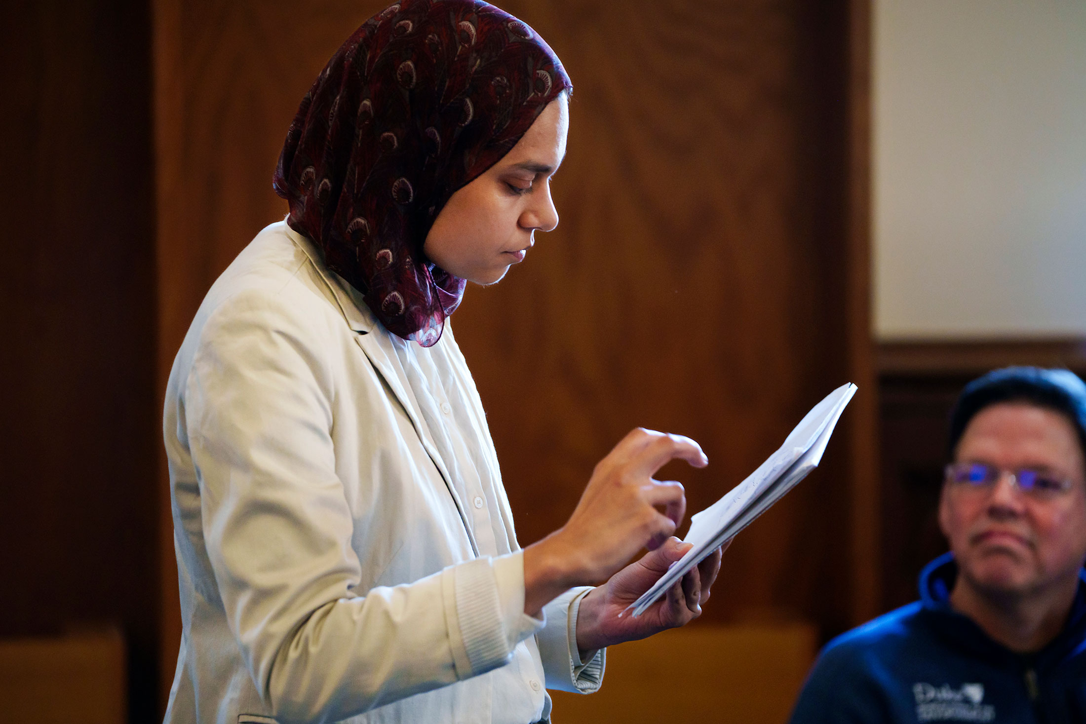 Samir I. Ibrahim, a researcher, author and ambassador, shared descriptor words during an exercise on how everyone sees themselves in the world, as Fuqua Professor Dan Vermeer looked on.