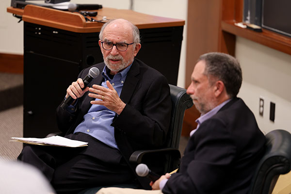 Bruce Jentleson interviews Robert Satloff during the Provost’s Initiative on the Middle East. Photo by Huth Photography