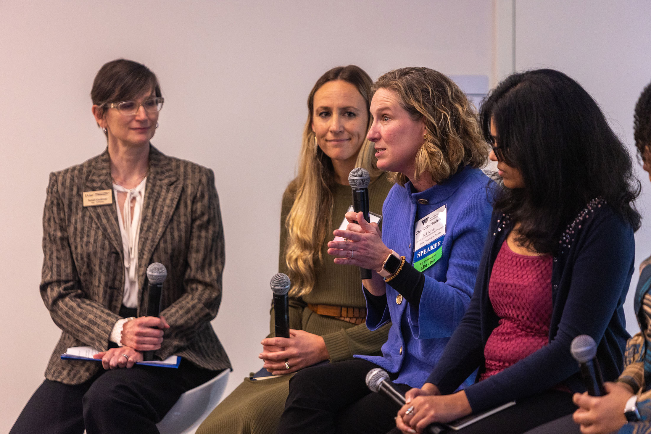 Duke alumna Charlotte Gray Hudson shares her work on climate change. Nicholas School Dean Toddi Steelman, left, moderated the session. Photo by Megan Mendenhall/University Communications.