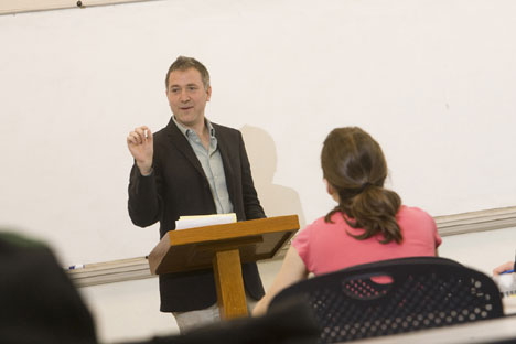 Megan Morr Philosophy professor Andrew Janiak teaches a class on East Campus