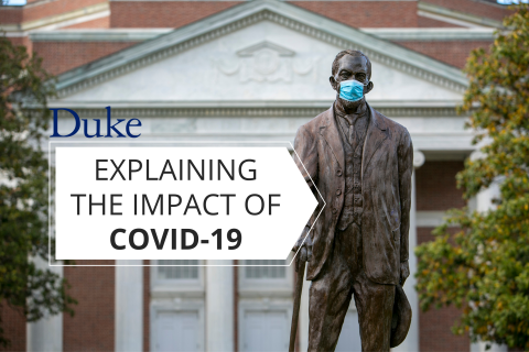 A statue of Benjamin Duke wearing a mask, with text reading "Explaining the Impact of COVID-19"