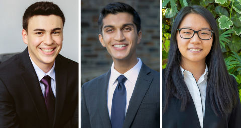 Rhodes Scholars Ariel Kantor, Kushal Kadakia and Claire Wang