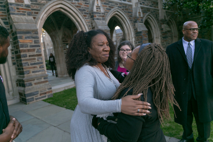 Tarana Burke greets members of the audience before the MLK ceremony. 