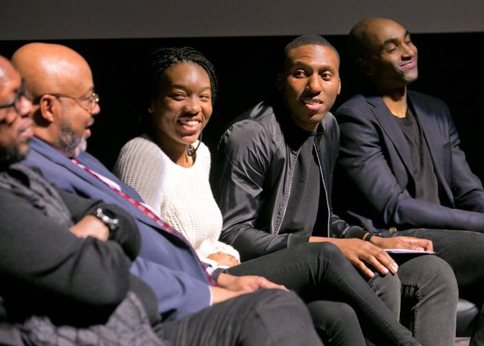 Nolan Smith, second from left, former Duke basketball player and current Duke men's basketball assistant coach, moderates a panel discussion on athlete protests at Griffith Film Theater Thursday night as part of Duke's MLK events. Photo by Jared Lazarus/Duke Photography
