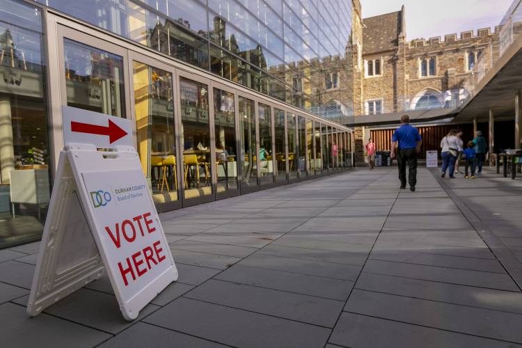 A sign advertising a one-stop voting site at the Duke Brodhead Center.