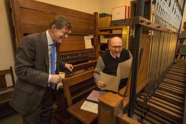 Sam Hammond, University Carillonneur, played the Duke Chapel carillon at the close of each work day. President Vincent Price accompanied Hammond in a session before he retired.