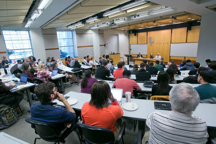 Law school students filled a lecture hall to hear the discussion on the Dodd-Frank Bill. Photo by Megan Mendenhall/Duke Photography