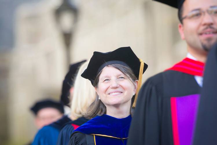 Duke Provost Sally Kornbluth walks in the inaugural procession. Photo by Duke Photography