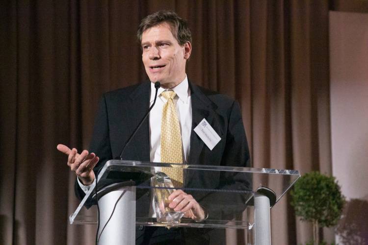 Economics professor and SSRI director Thomas Nechyba talks at Founders' Day after receiving the Alumni Distinguished Undergraduate Teaching Award.