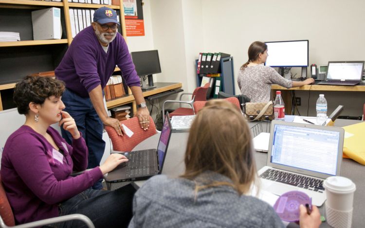 The Duke Law Wrongful Convictions Clinic connects law students with the expertise of Jim Coleman,  second from left, and Jamie T. Lau. Photo courtesy of Duke Law School.
