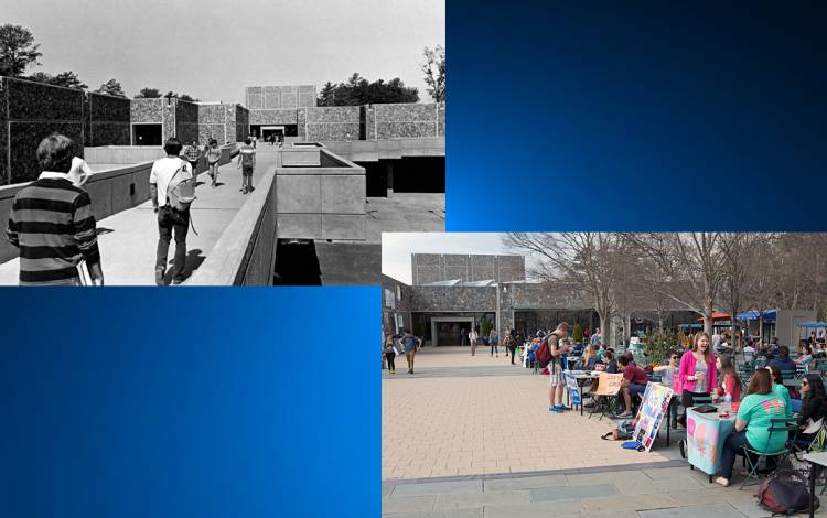 The plaza in front of the Bryan Center in the 1980s, left, and today, right. Photos courtesy of Duke University Archives.