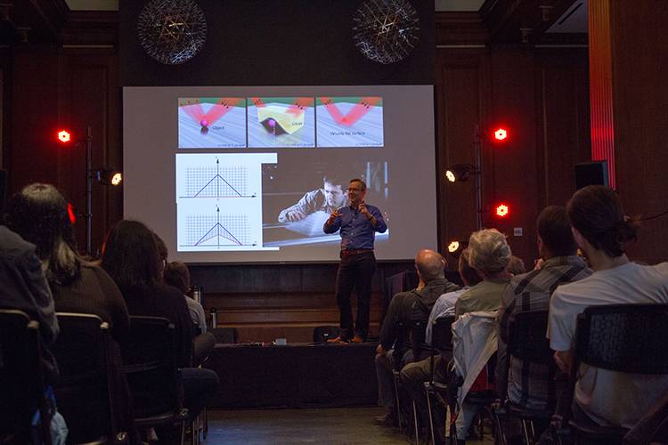  Duke engineering professor Steve Cummer told last years’s Moogfest about his ‘sound hologram’ experiments. (Photo by Jonathan Lee)