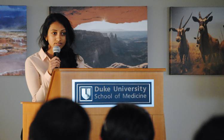 Duke University School of Medicine student Aardra Rajendran speaks during a service honoring donors to Duke's Anatomical Gifts Program.