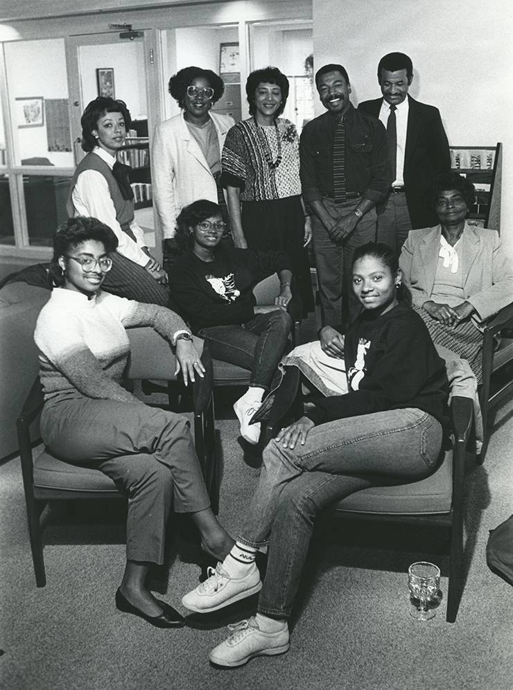 The staff of the Mary Lou Williams Center for Black Culture shortly after it opened in 1983. The center's first director, Ed Hill, is second from the right in the back row. Photo courtesy of Duke University Archives.