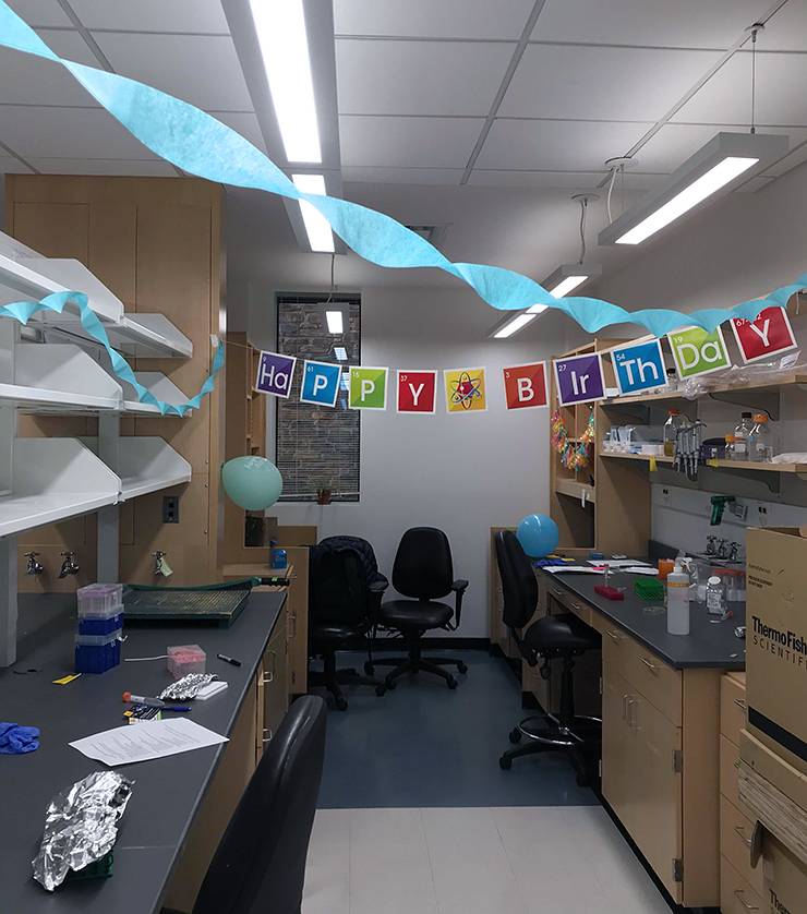 A decorated lab station.