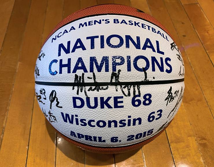The Duke Sign and Graphics Services Shop created around 100 souvenir basketballs following Duke's 2015 men's basketball national championship. Photo by Laura Ann Howard.