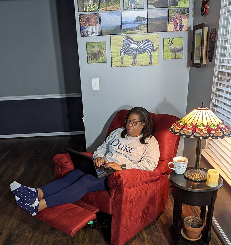 Belinda Wisdom in her red chair.