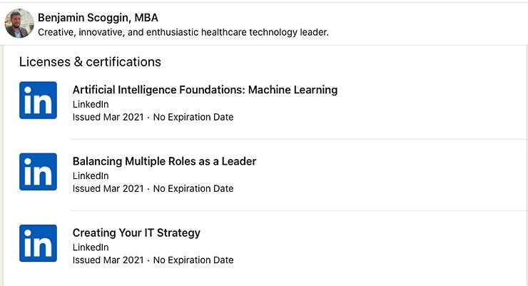 Benjamin Scoggin displays some of the courses he has taken through LinkedIn Learning on his LinkedIn profile. 