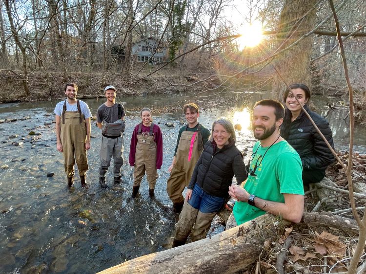 L to R: Bernhardt lab members Spencer Rhea, Jonny Behrens, Audrey Thellman, Wes Slaughter, Emily Bernhardt, Nick Marzolf, Amanda DelVecchia. Photo by Véronique Koch, Duke University.