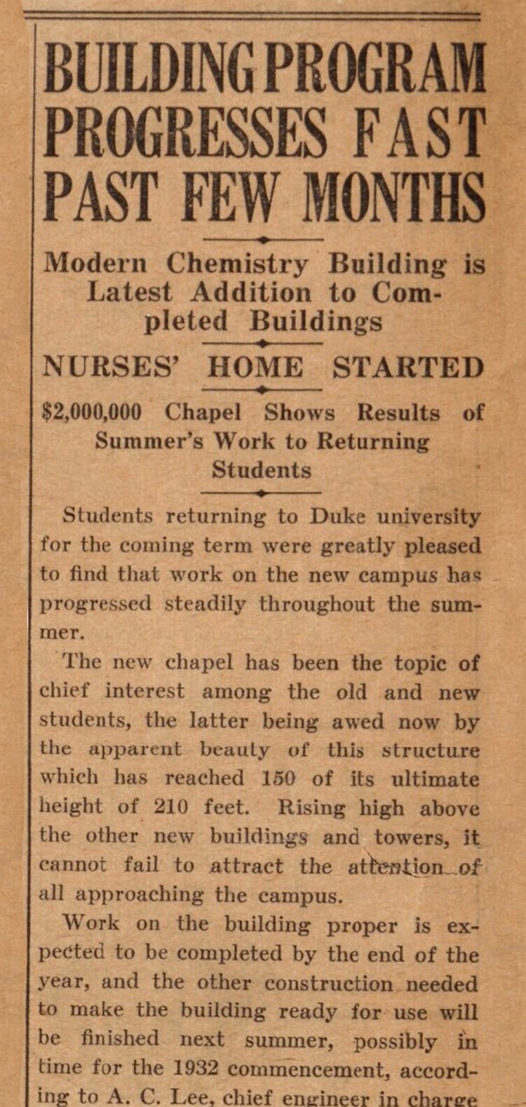 A story in the September 16, 1931 issue of The Duke Chronicle, provides updates on campus construction. Image courtesy of Duke University Archives.