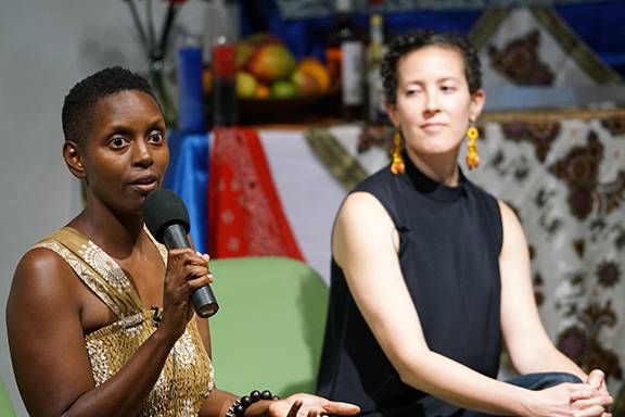 Aya Shabu (left) and Dasha Chapman discussing their work.