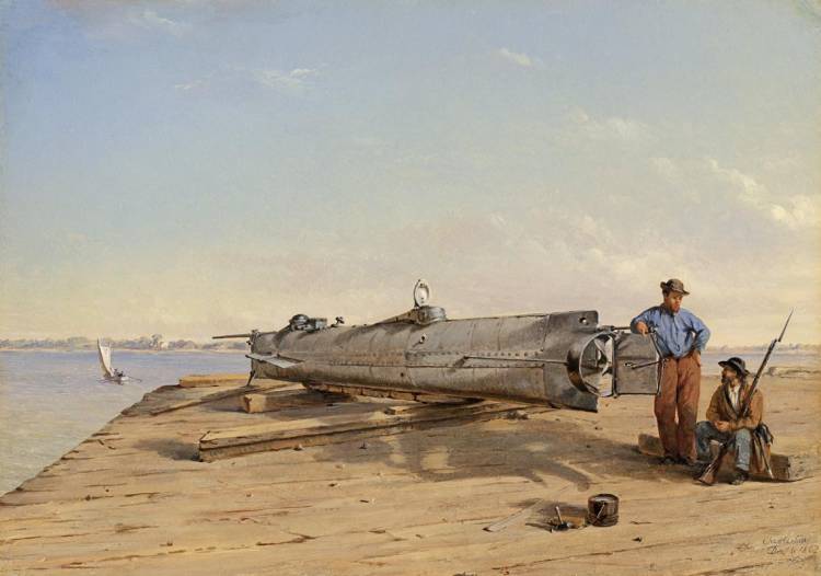 An oil painting by Conrad Wise Chapman, “Submarine Torpedo Boat H.L. Hunley, Dec. 6, 1863” 