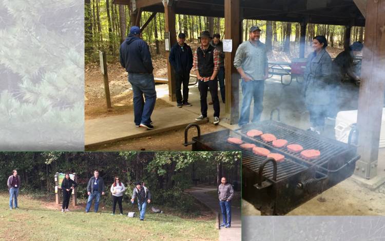 At left, Jeff Volkheimer, far left, oversees a game of cornhole. At right, Don Phillips keeps watch over the grill. Photos courtesy of DHTS.