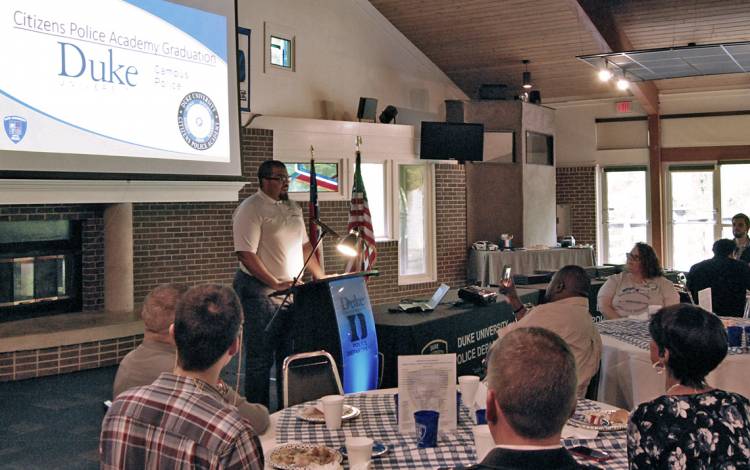 Citizens' Police Academy graduate LaRon Blount provided remarks during Friday's ceremony. Photo by Stephen Schramm.