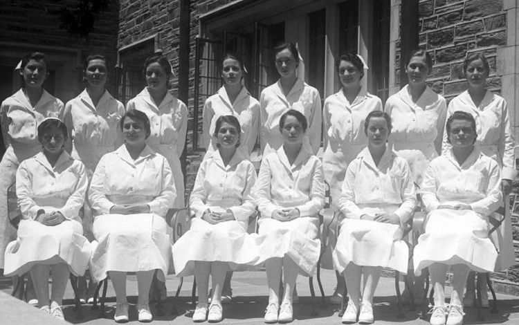 The first graduating class of the Duke University School of Nursing, shown here in 1933, began their studies at Duke in 1931. Photo courtesy of the Duke University Medical Center Archives.