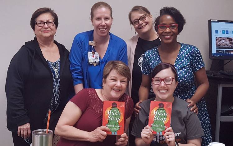 Members of Duke Regional Hospital's book club. (Left to right, back row) Victoria Orto, Jennifer Tomlinson, Deborah Allen and Karla Collins Murphy. (Left to right, front row) Kristi Nyberg and April Dudash. Photo courtesy of Karla Collins Murphy.