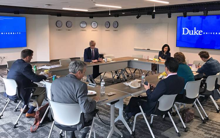 Fuqua School of Business Dean Bill Boulding speaks with members of the media at an event at the Duke in DC office. Photo courtesy of the Fuqua School of Business.