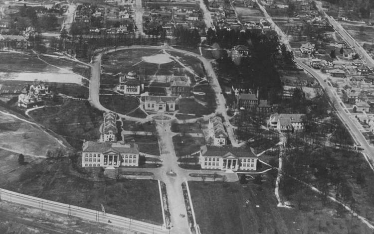 Before it was redeveloped in the 1920s, East Campus used to feature a racetrack that recalled the property's previous life as a fairground. Photo courtesy of Duke University Archives.