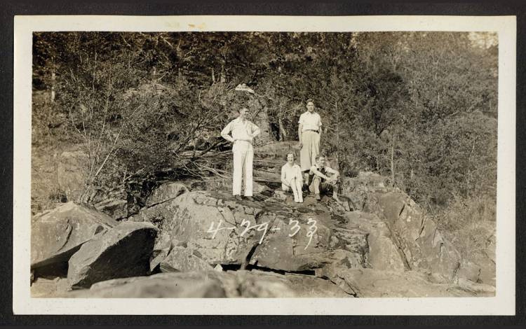 A 1932 hike by the Explorers Club included a stop in the Hollow Rock area of Duke Forest. Photo: Duke University Archives.