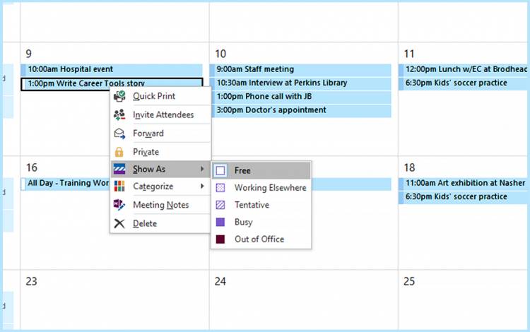 An outlook calendar item with the 