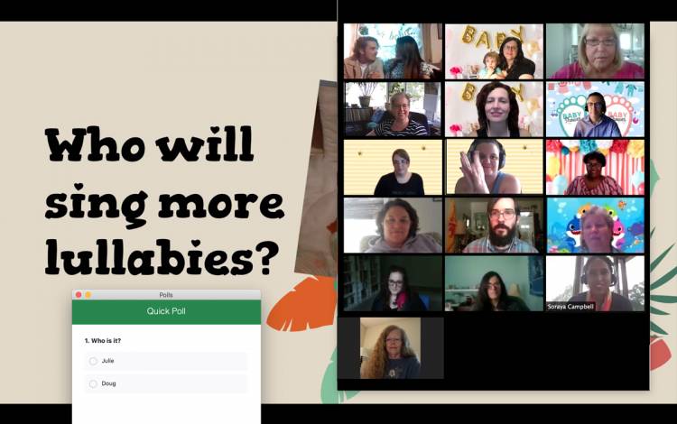 Staff with the Global Education Office play games during a virtual baby shower for a coworker. Photo courtesy of Catherine Angst.