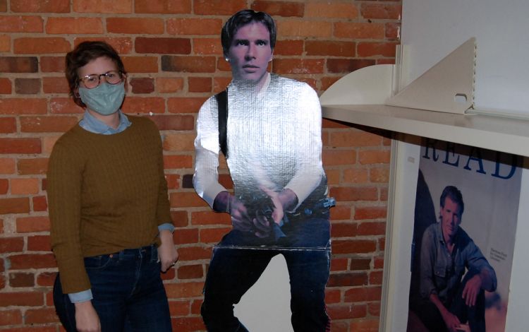 The Han Solo and Harrison Ford memorabilia in the Duke Libraries' office at Smith Warehouse brings joy to the colleagues who work there. Photo by Jack Frederick.